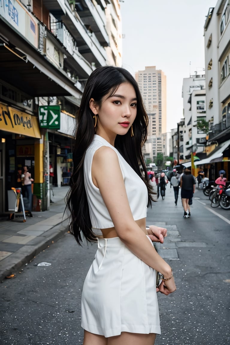(8K, Ultra high res:1.1) Nguyen, an 18-year-old vibrant Vietnamese girl, exudes youthful charm in a modern Vietnamese-inspired outfit. She wears a stylish áo dài with contemporary patterns and designs, showcasing her fashion-forward sense. The high-resolution image captures ultra-detailed realism, highlighting Nguyen's captivating brown eyes, flawless complexion, and long black hair. The urban backdrop with its colorful street art and bustling cityscape adds a touch of youthful energy, creating a visually captivating representation of Nguyen's modern Vietnamese style.,Nguyen