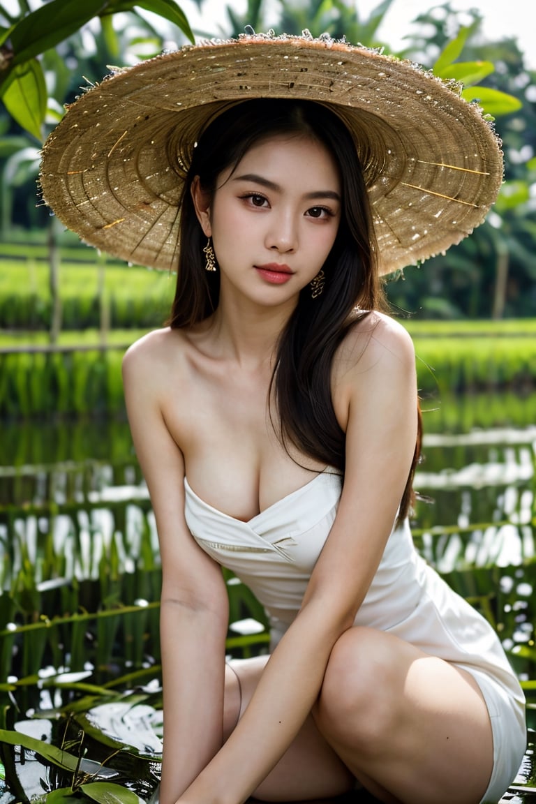 RAW photo, the most beautiful woman in the world on a bed, with a seductive looking at the camera, (pretty face: 1.2), (high detail skin: 1.2), 8K, UHD, DSLR, soft lighting, high quality, film grain, inst4 style, aesthetic portrait, Nguyen, an 18-year-old Vietnamese girl, stands amidst the serene beauty of a rice paddy field. She wears a traditional áo bà ba and a Non La (conical hat), symbolizing her connection to Vietnamese culture. The high-resolution image captures ultra-detailed realism, highlighting Nguyen's captivating brown eyes, flawless complexion, and long black hair. The lush green rice paddies and the gentle breeze create a tranquil ambiance, emphasizing Nguyen's appreciation for nature and her Vietnamese heritage.