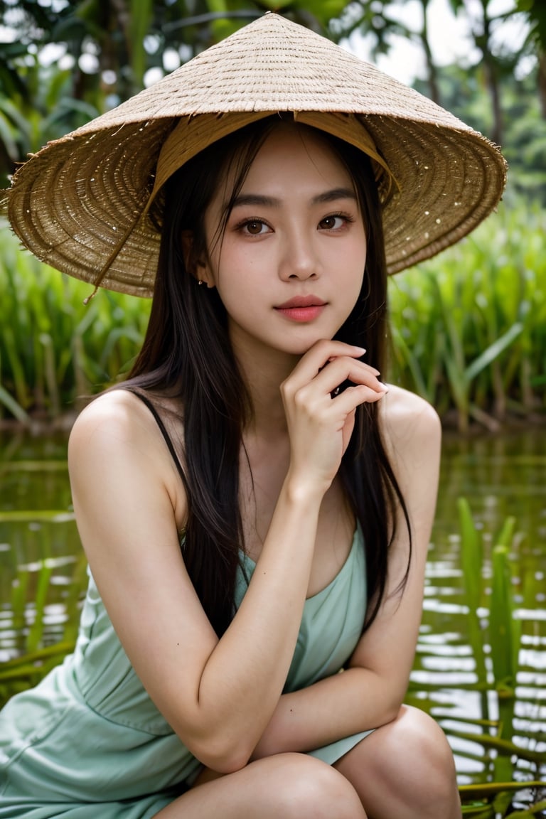 RAW photo, the most beautiful woman in the world on a bed, with a seductive looking at the camera, (pretty face: 1.2), (high detail skin: 1.2), 8K, UHD, DSLR, soft lighting, high quality, film grain, inst4 style, aesthetic portrait, Nguyen, an 18-year-old Vietnamese girl, stands amidst the serene beauty of a rice paddy field. She wears a traditional áo bà ba and a Non La (conical hat), symbolizing her connection to Vietnamese culture. The high-resolution image captures ultra-detailed realism, highlighting Nguyen's captivating brown eyes, flawless complexion, and long black hair. The lush green rice paddies and the gentle breeze create a tranquil ambiance, emphasizing Nguyen's appreciation for nature and her Vietnamese heritage.