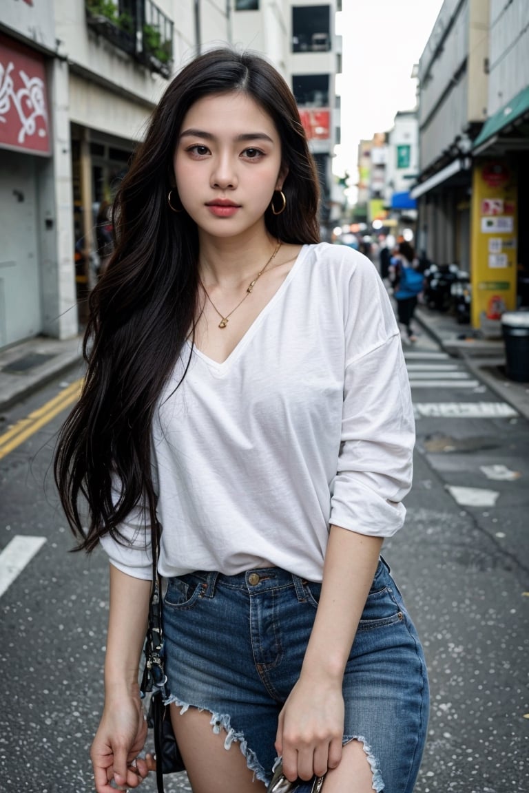 (8K, Ultra high res:1.1) Nguyen, an 18-year-old Vietnamese girl, showcases her urban street style in a trendy outfit. She wears a combination of modern Vietnamese fashion and international influences, expressing her individuality and youthful fashion sense. The high-resolution image captures ultra-detailed realism, highlighting Nguyen's captivating brown eyes, flawless complexion, and long black hair. The dynamic urban backdrop with its colorful graffiti and vibrant cityscape adds to the energetic atmosphere, creating a visually stunning representation of Nguyen's urban style and her youthful confidence.