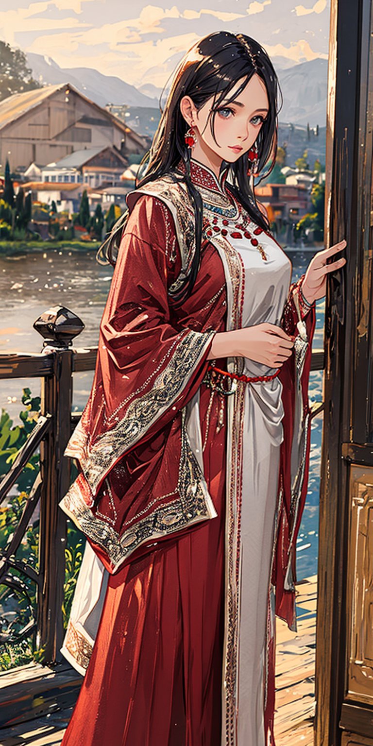 female model, (standing right side straight), view from far away  traditional long clothes but tightly fit,realistic hands