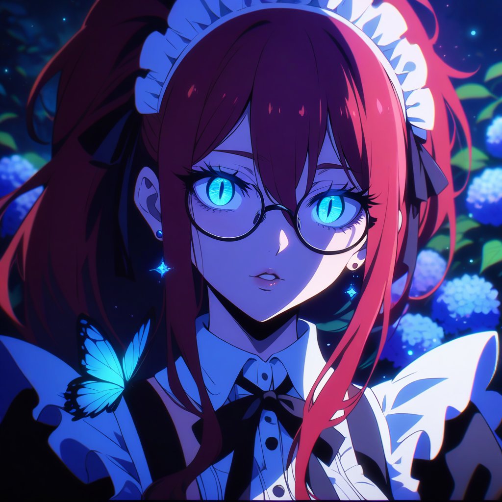 anime, anime style, niji6 style, by nijijourney, 1girl, bug, solo, butterfly, maid, blue butterfly, maid headdress, red hair, ponytail, jewelry, earrings, glasses, looking at viewer, yellow eyes, slit pupils ,parted lips, long hair, flower, ribbon, apron, black ribbon, glowing, upper body, breasts, blurry, maid apron, red dress, dress, stud earrings, frills, sidelocks, hair between eyes, glowing eyes, blue theme, blue flower, hair ribbon, neck ribbon, bow, night, blurry background, portrait, red eyelashes, hair bow, outdoors, black bow, letterboxed, teeth, hydrangea, medium breasts, large breasts, depth of field, aqua eyes, puffy sleeves, collared dress, (very glowing butterfly), colored skin, lips, shaded, light particle, blue theme, night, detailed eyes, thick eyelashes, diamond, masterpiece, best quality, highres, 4k, 8k, intricate detail, cinematic lighting, amazing quality, amazing shading, film grain, blurry foreground, vignetting chiaroscuro, chromatic aberration, backlighting, global illumination, drop shadow, detailed illustration, anime style, wallpaper, animification, anime coloring, fake screenshot, screencap, anime screencap