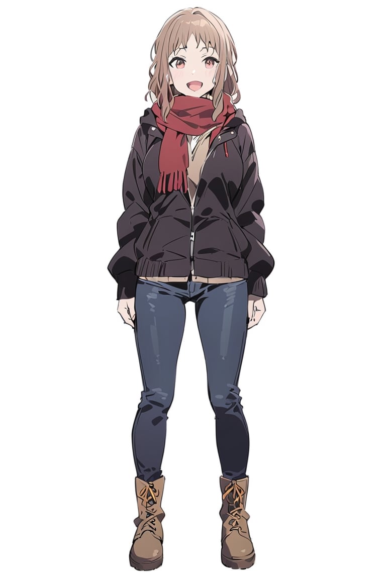 Visual Anime, masterpiece, best quality, @Komiya, Komiya_Ena, 1girl, solo, breasts, 20 y.o, brown hair, smile, open mouth, jacket, black Jaket, red scarf, jeans, white background, fullbody, standing, boots, clean background,