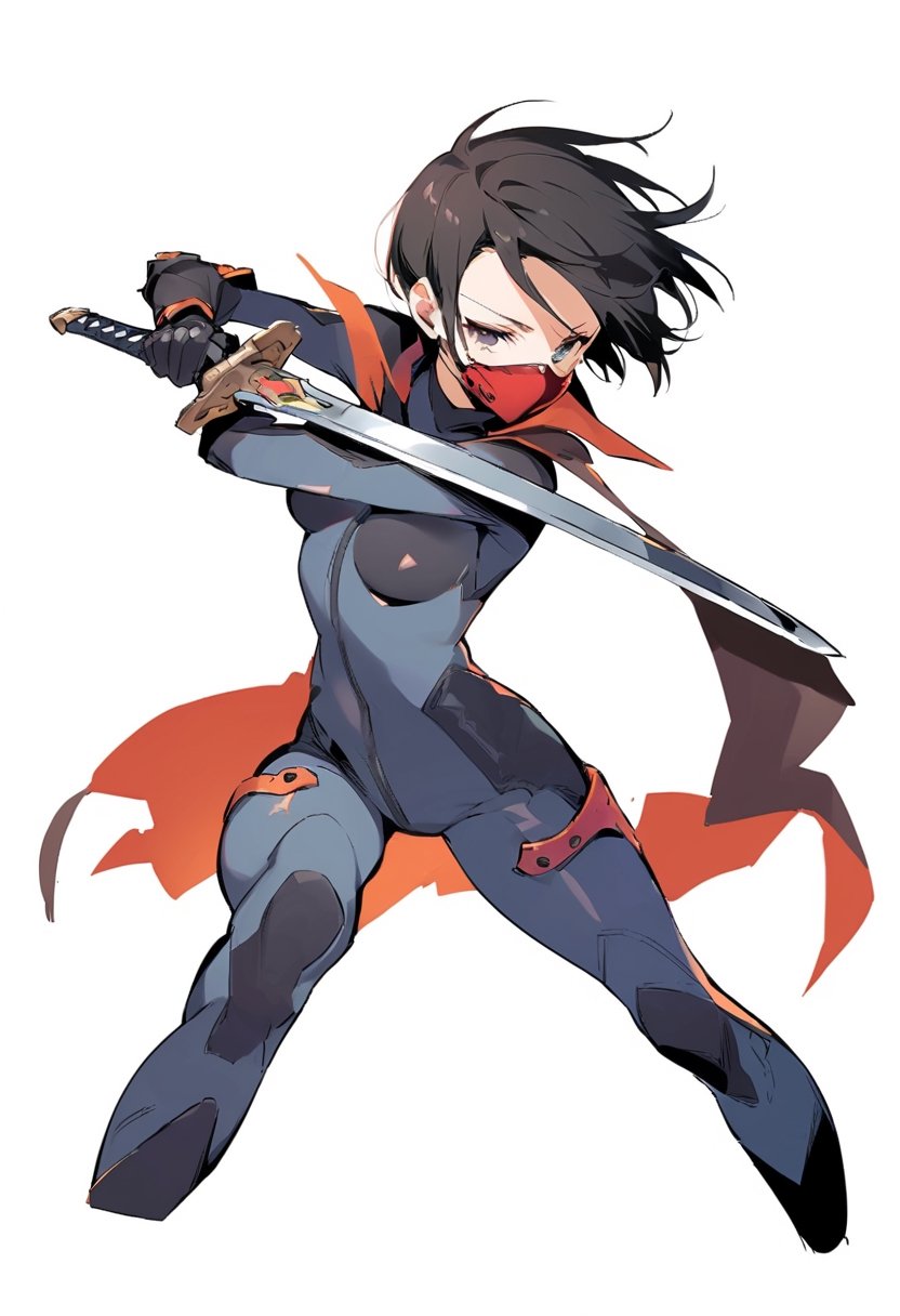Visual Illustration, 1girl, solo, short hair, simple background, black hair, gloves, white background, holding, weapon, sword, cape, holding weapon, bodysuit, mask, holding sword, mouth mask, cropped legs