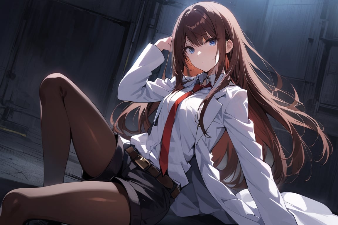 dark atmosphere, Visual Illustration, 1girl, solo, long hair, blue eyes, brown hair, pantyhose, necktie, shorts, belt, black shorts, labcoat, legwear under shorts, makise kurisu