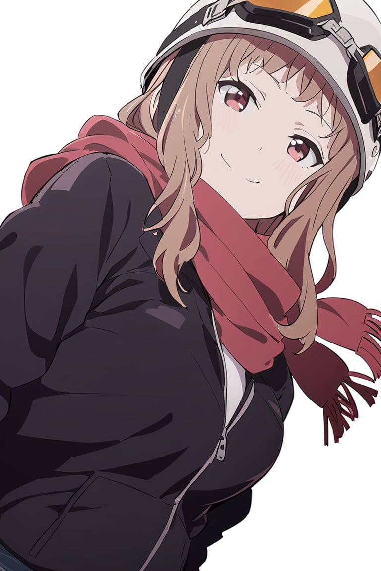 Visual Anime, Kodayu, masterpiece, best quality, @Komiya, Komiya_Ena, 1girl, solo, breasts, 2 y.o, brown hair, smile, ;), black Jaket, red scarf, jeans, white background, upper_body, clean background, long shoot, different view, different angle, white helmet, headware, goggles on helmet