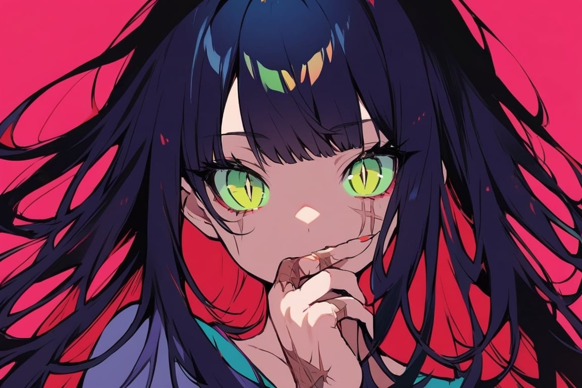 Visual Illustration, 1girl, solo, long hair, looking at viewer, bangs, pink background, dark blue hair, slit pupils, red background, green sclera, white eyes, cat eyes, hand on own mouth, scar on hand, colored sclera, flower,