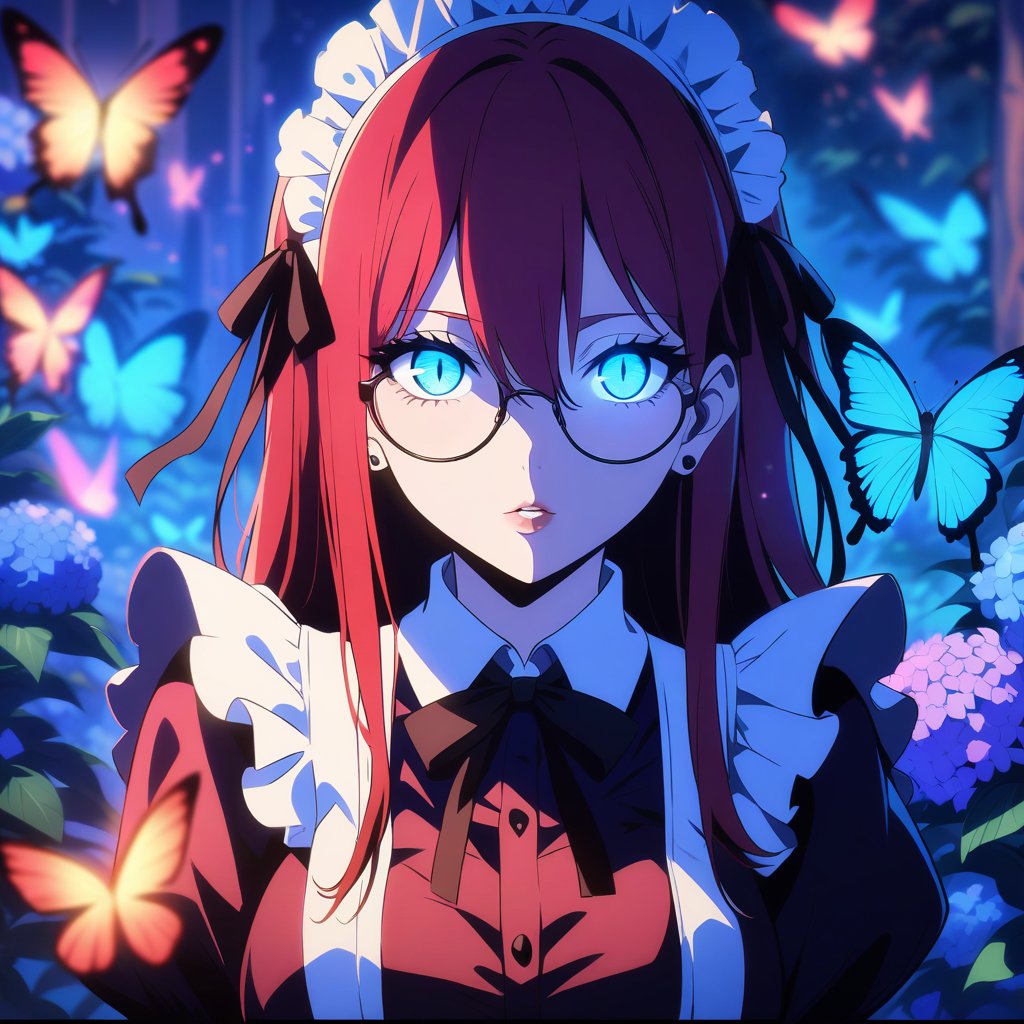 anime, anime style, niji6 style, by nijijourney, 1girl, bug, solo, butterfly, maid, blue butterfly, maid headdress, red hair, jewelry, earrings, glasses, looking at viewer, yellow eyes, slit pupils ,parted lips, long hair, flower, ribbon, apron, black ribbon, glowing, upper body, breasts, blurry, maid apron, red dress, dress, stud earrings, frills, sidelocks, hair between eyes, glowing eyes, blue theme, blue flower, hair ribbon, neck ribbon, bow, night, blurry background, portrait, red eyelashes, hair bow, outdoors, black bow, letterboxed, teeth, hydrangea, medium breasts, large breasts, depth of field, aqua eyes, puffy sleeves, collared dress, glowing butterfly, moon light, colored skin, lips, shaded, light particle, blue theme, night, masterpiece, best quality, highres, 4k, 8k, intricate detail, cinematic lighting, amazing quality, amazing shading, film grain, blurry foreground, vignetting chiaroscuro, chromatic aberration, backlighting, mature female, global illumination, drop shadow, detailed illustration, anime style, wallpaper, animification, anime coloring, fake screenshot, screencap, anime screencap