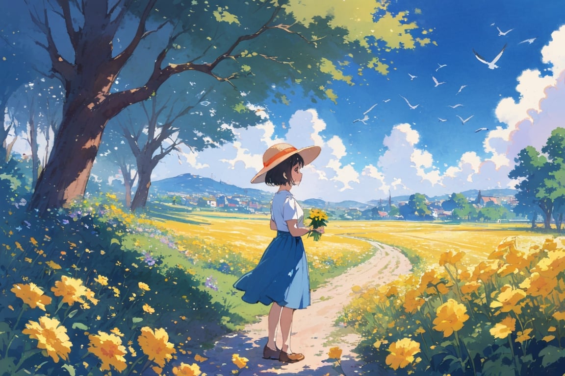 Visual Illustration, 1girl, solo, short hair, skirt, shirt, black hair, hat, holding, standing, white shirt, flower, short sleeves, outdoors, sky, day, cloud, tree, blue sky, blue skirt, bird, cloudy sky, scenery, sun hat, yellow flower, field, ghibli, (watercolor:0.5)