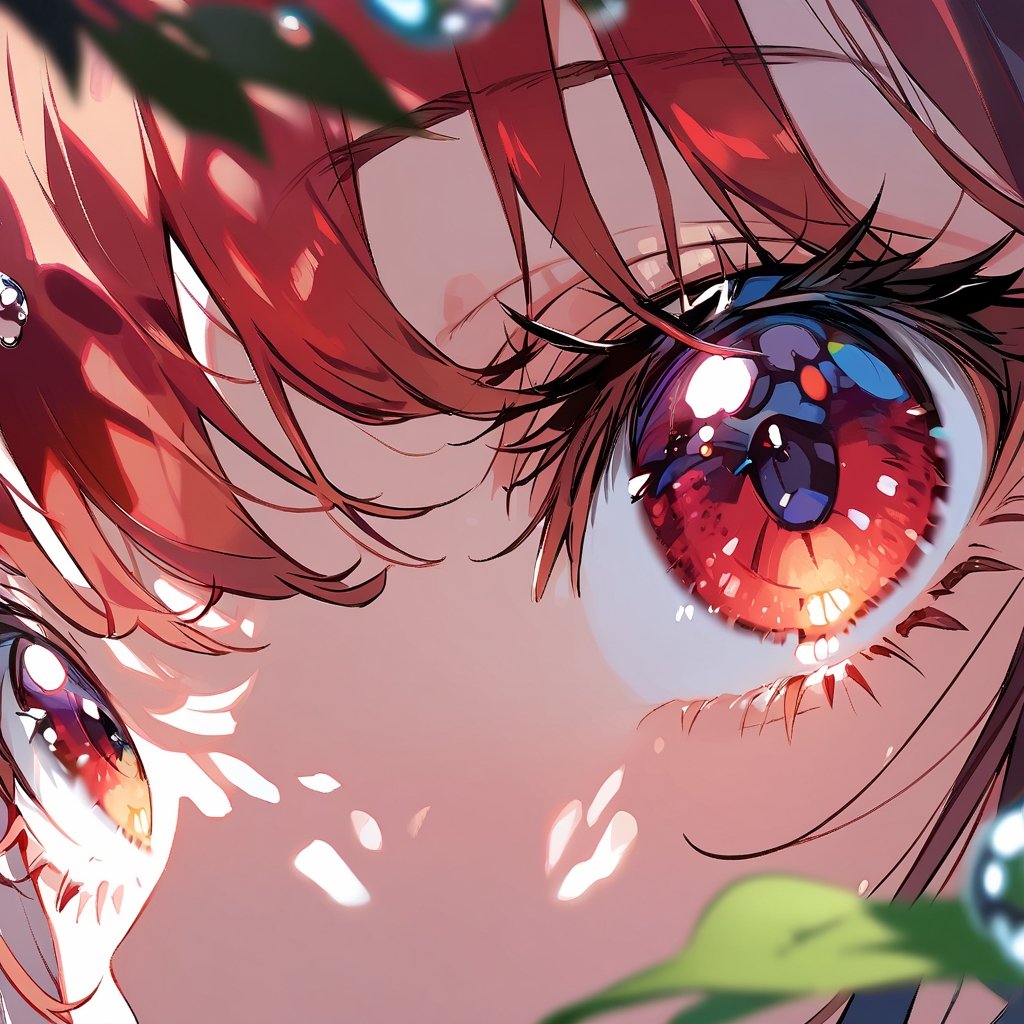 Visual Illustration, 1girl, solo, looking at viewer, bangs, red hair, jewelry, red eyes, earrings, blurry, eyelashes, sakura leaf, close-up, blurry foreground, water drop, dappled sunlight, eye focus
