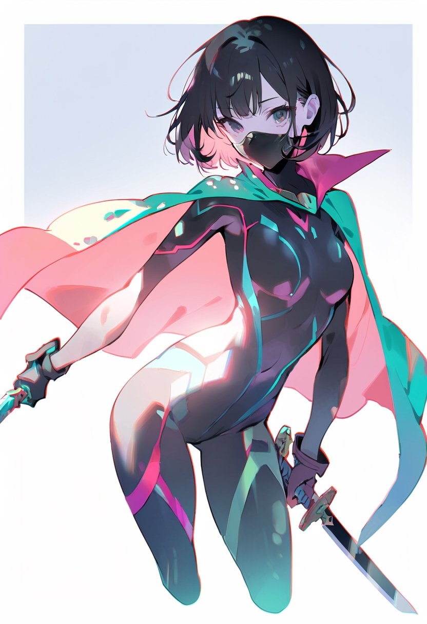 Visual Illustration, 1girl, solo, short hair, simple background, black hair, gloves, white background, holding, weapon, sword, cape, holding weapon, bodysuit, mask, holding sword, mouth mask, cropped legs, white background, dappled light, masterpiece, border, chromatic aberration, simple background, long shot, shading, pastel color, pale skin