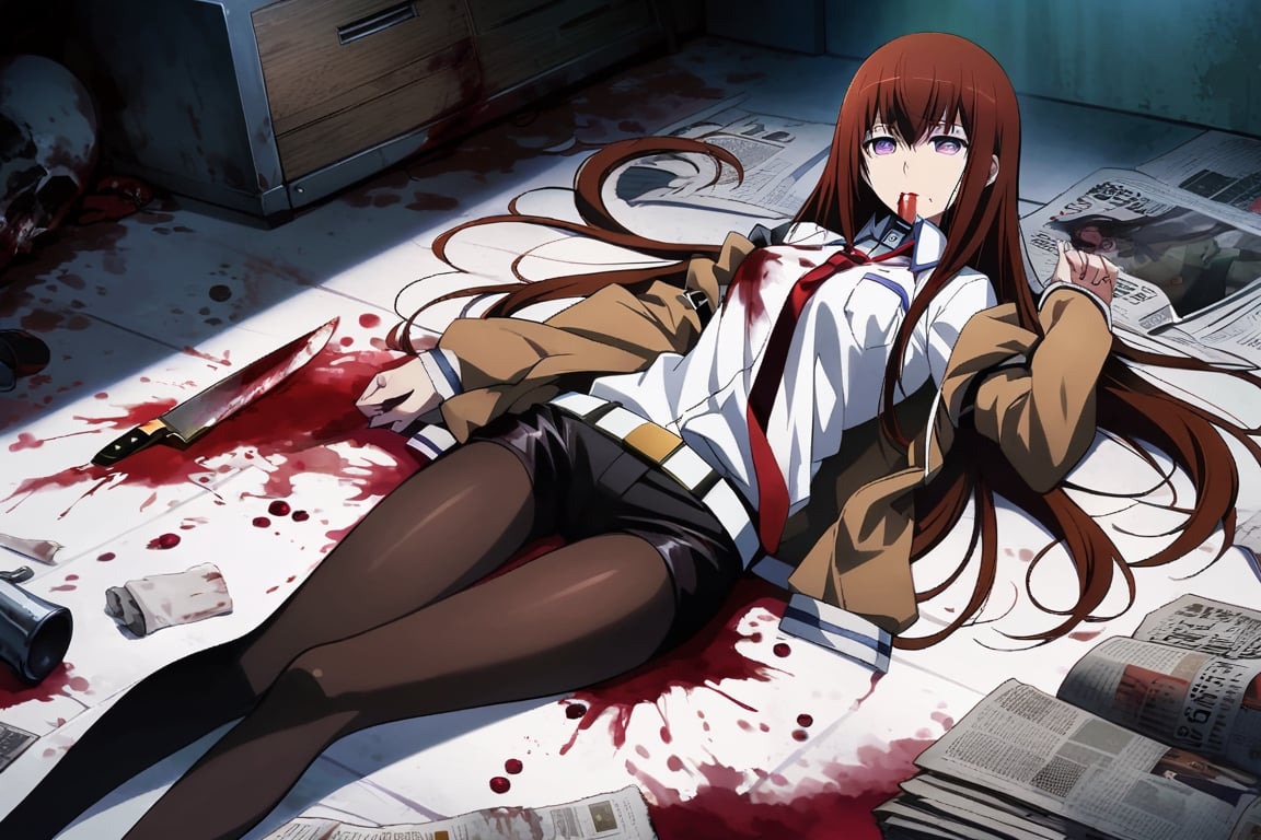 dark atmosphere, Visual Illustration, 1girl, solo, long hair, purple eyes, dark red hair, pantyhose, necktie, shorts, belt, black shorts, labcoat, legwear under shorts, makise kurisu, official art, game cg, steins;gate, highres, absurdres, ringed eyes, lying, newspaper, blood, death, blood stain, blood splatter, blood on clothes, corpse, knife in stomatch, blood from mouth