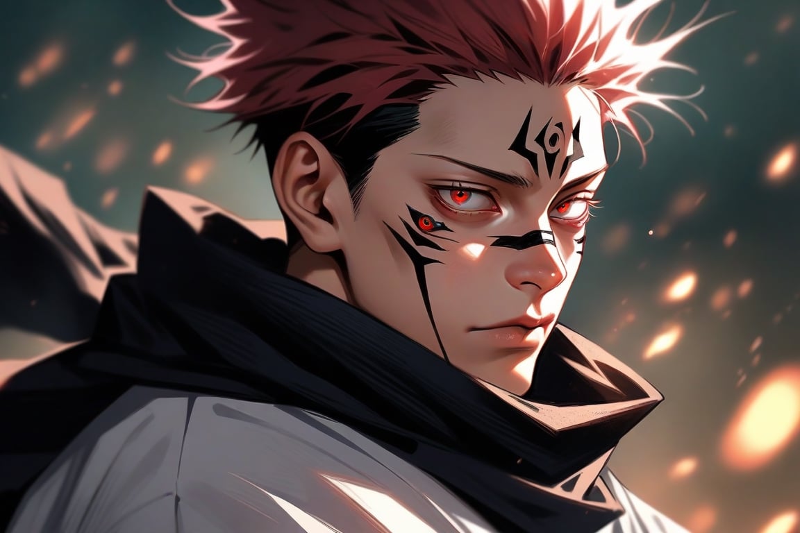 semi realistic anime, ryoumen sukuna \(jujutsu kaisen\), jujutsu kaisen, solo, looking at viewer, short hair, red eyes, 1boy, closed mouth, male focus, japanese clothes, kimono, scarf, tattoo, spiked hair, portrait, realistic, undercut, facial tattoo, extra eyes, ryoumen sukuna (jujutsu kaisen)
