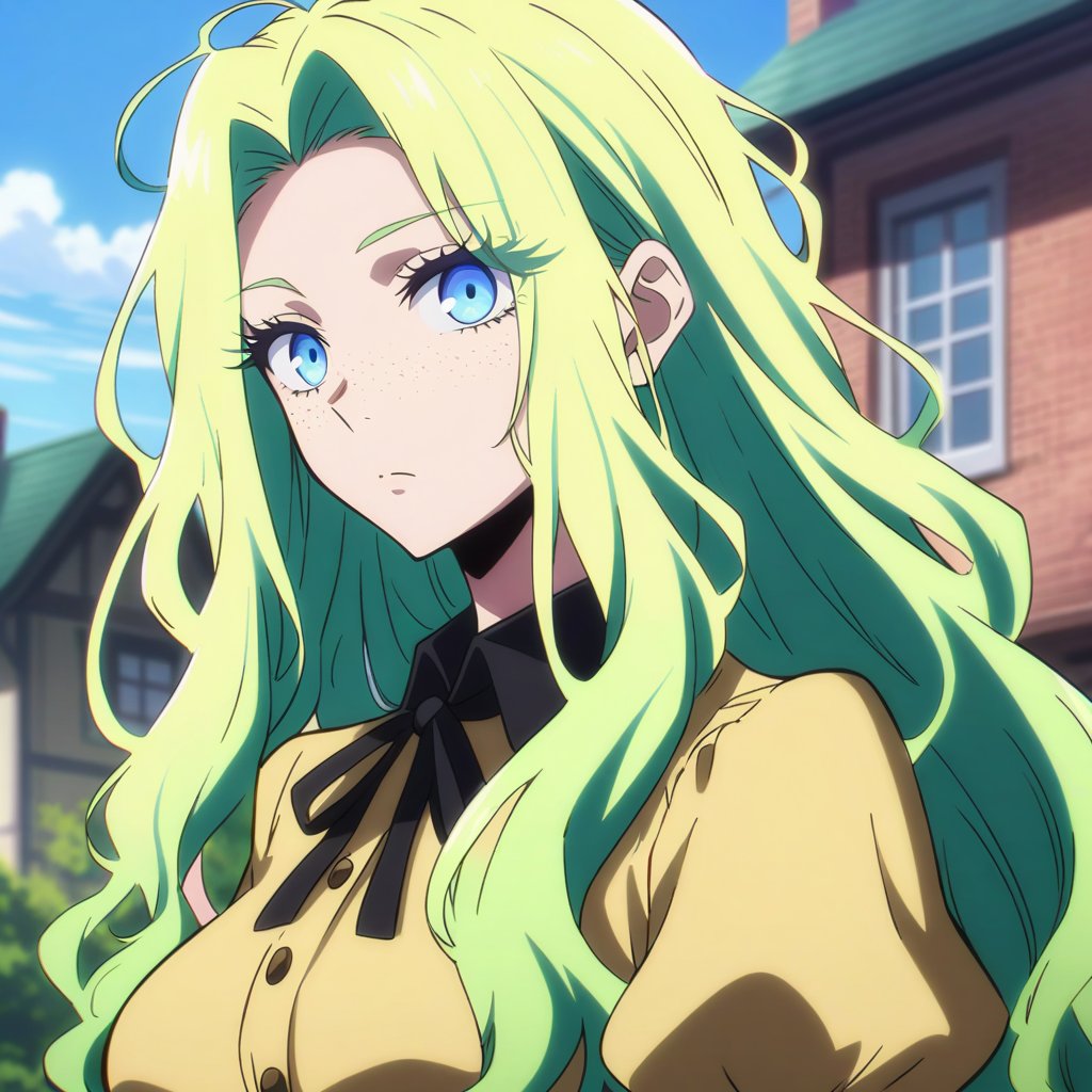 aged up, anime, anime style, niji6 style, by nijijourney, 1girl, solo, blue eyes, long hair, long_ponytail, straight hair, freckles, looking at viewer, green hair, yellow hair tie, outdoors, sky, upper body, puffy sleeves, cloud, dress, day, blue sky, yellow dress, closed mouth, blurry, blurry background, building, shirt, long sleeves, juliet sleeves, black ribbon, ribbon, breasts, hair intakes, expressionless, cloudy sky, hair down, alternate hairstyle, black shirt, neck ribbon, house, alternate costume, wavy hair, eyelashes, collared shirt, collared dress, messy hair, sidelocks, buttons, medium breasts, blonde hair, animification, anime coloring, fake screenshot, screencap, anime screencap