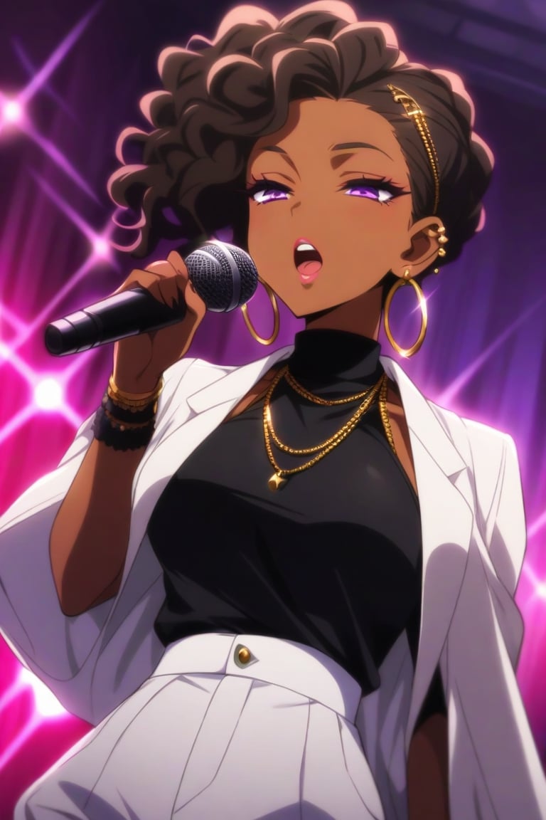 negroid, africa, dark skin anime character, negroid, africa, dark skin anime character, 1girl, jewelry, microphone, earrings, dark skin, solo, dark-skinned female, very dark skin, singing, necklace, music, open mouth, purple eyes, brown hair, dreadlocks, piercing, half-closed eyes, turtleneck, looking down, ear piercing, hoop earrings, short hair, black hair, hair behind ear, black shirt, animification, lips, upper body, updo, hair bun, hair ornament, shirt, white jacket, microphone stand, alternate hairstyle, breasts, makeup, hair up, eyelashes, stud earrings, holding microphone, curly hair, lipstick, white pants, thigh, anime coloring