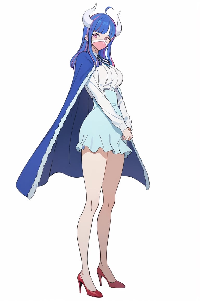 Visual Anime, masterpiece, best quality, @Ulti, Ulti anime, 1girl, solo, breasts, 20 y.o, blue hair, ahoge, bangs, curled horns, two-tone hair, multicolored hair, pink mouth mask, white shirt, aqua high-waist skirt, blue neck ribbon, blue cape, white background, fullbody, standing, bare legs, red footwear, high heels, clean background, long shoot, long sleeves