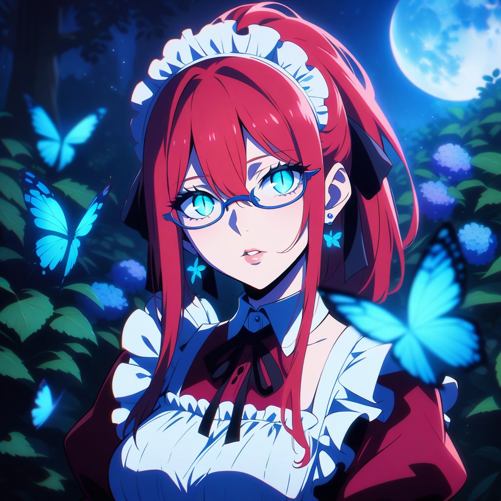 anime, anime style, niji6 style, by nijijourney, 1girl, bug, solo, butterfly, maid, blue butterfly, maid headdress, red hair, ponytail, jewelry, earrings, glasses, looking at viewer, yellow eyes, slit pupils ,parted lips, long hair, flower, ribbon, apron, black ribbon, glowing, upper body, breasts, blurry, maid apron, red dress, dress, stud earrings, frills, sidelocks, hair between eyes, glowing eyes, blue theme, blue flower, hair ribbon, neck ribbon, bow, night, blurry background, portrait, red eyelashes, hair bow, outdoors, black bow, letterboxed, teeth, hydrangea, medium breasts, large breasts, depth of field, aqua eyes, puffy sleeves, collared dress, (very glowing butterfly), moon light, colored skin, lips, shaded, light particle, blue theme, night, masterpiece, best quality, highres, 4k, 8k, intricate detail, cinematic lighting, amazing quality, amazing shading, film grain, blurry foreground, vignetting chiaroscuro, chromatic aberration, backlighting, mature female, global illumination, drop shadow, detailed illustration, anime style, wallpaper, animification, anime coloring, fake screenshot, screencap, anime screencap