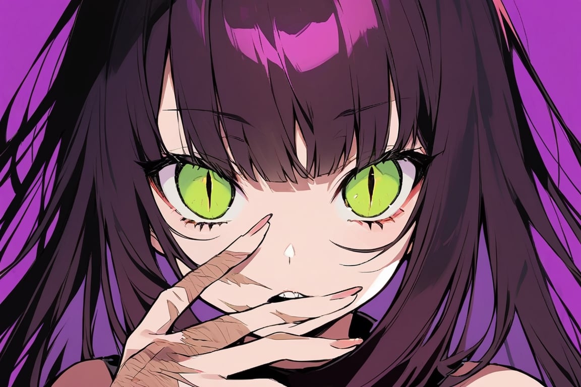 Visual Illustration, 1girl, solo, long hair, looking at viewer, bangs, purple background, darkyellow hair, slit pupils, red background, green sclera, silver eyes, cat eyes, hand on own mouth, scar on hand, colored sclera, flower, white eyes