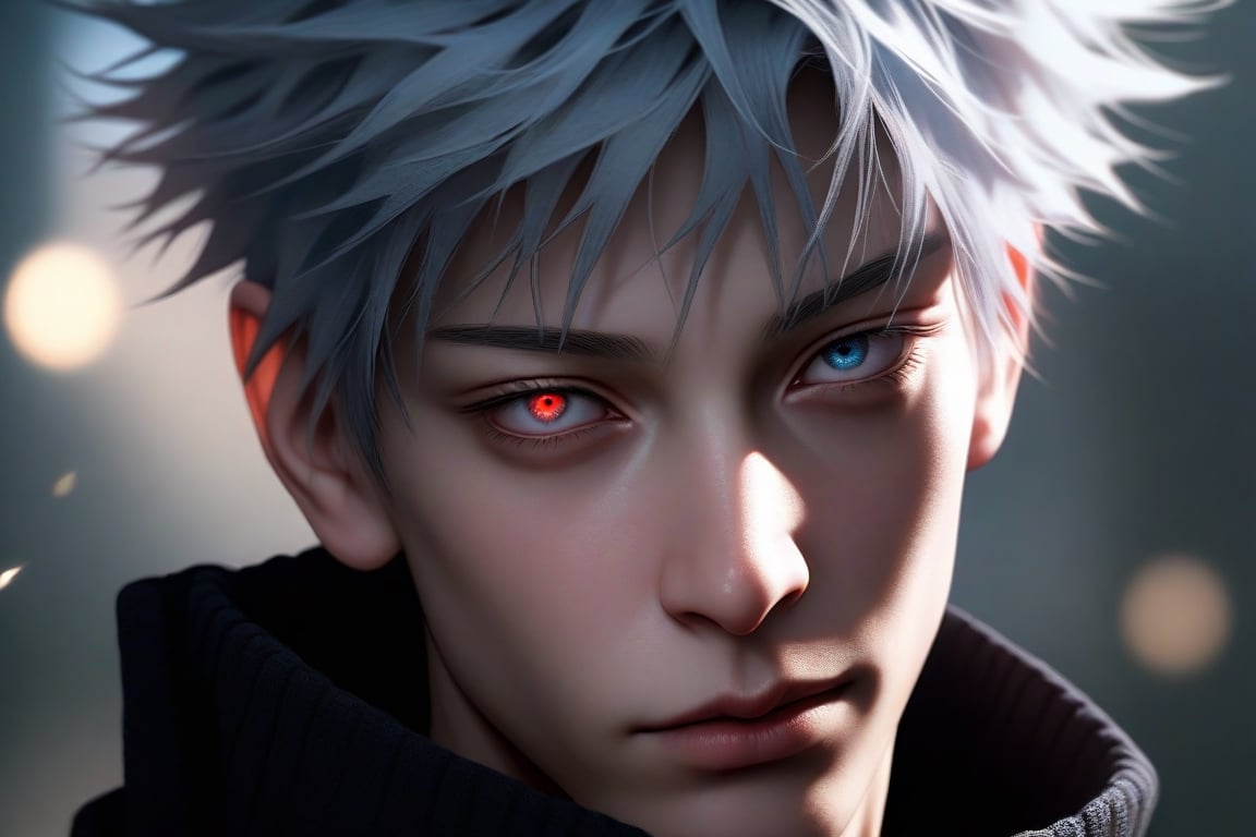 semi realistic anime, gojou satoru, \(jujutsu kaisen\), jujutsu kaisen, 3d, solo, looking at viewer, short hair, red eyes, 1boy, grey hair, blue eyes, closed mouth, male focus, portrait, realistic, gojou satoru (jujutsu kaisen), masterpiece, best quality, (extremely detailed CG unity 8k wallpaper, masterpiece, best quality, ultra-detailed, best shadow), (detailed background), (beautiful detailed face, beautiful detailed eyes), High contrast, (best illumination, an extremely delicate and beautiful), realistic hair, photorealistic