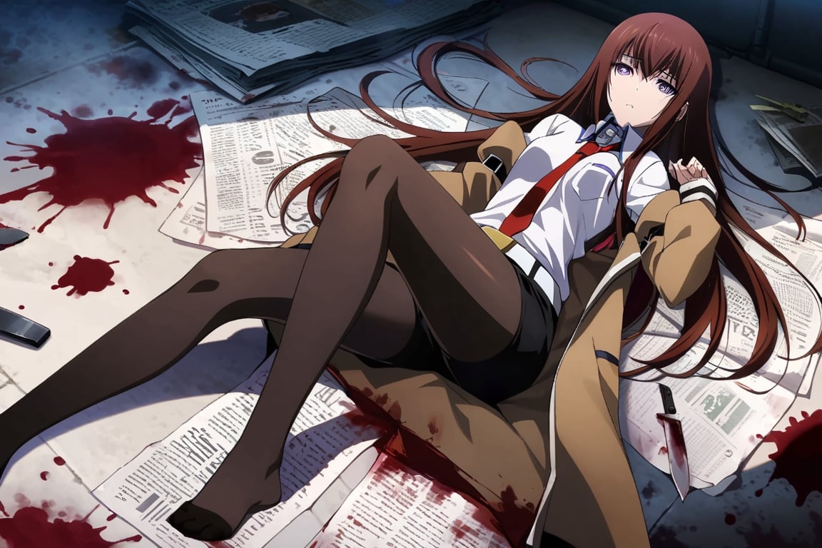 dark atmosphere, Visual Illustration, 1girl, solo, long hair, purple eyes, dark red hair, pantyhose, necktie, shorts, belt, black shorts, labcoat, legwear under shorts, makise kurisu, official art, game cg, steins;gate, highres, absurdres, ringed eyes, lying, newspaper, blood, death, blood stain, blood splatter, blood on ground, corpse, knife in stomatch