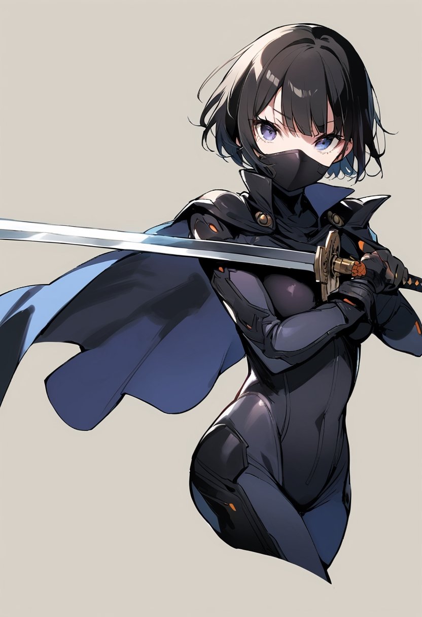 Visual Illustration, 1girl, solo, short hair, simple background, black hair, gloves, white background, holding, weapon, sword, cape, holding weapon, bodysuit, mask, holding sword, mouth mask, cropped legs