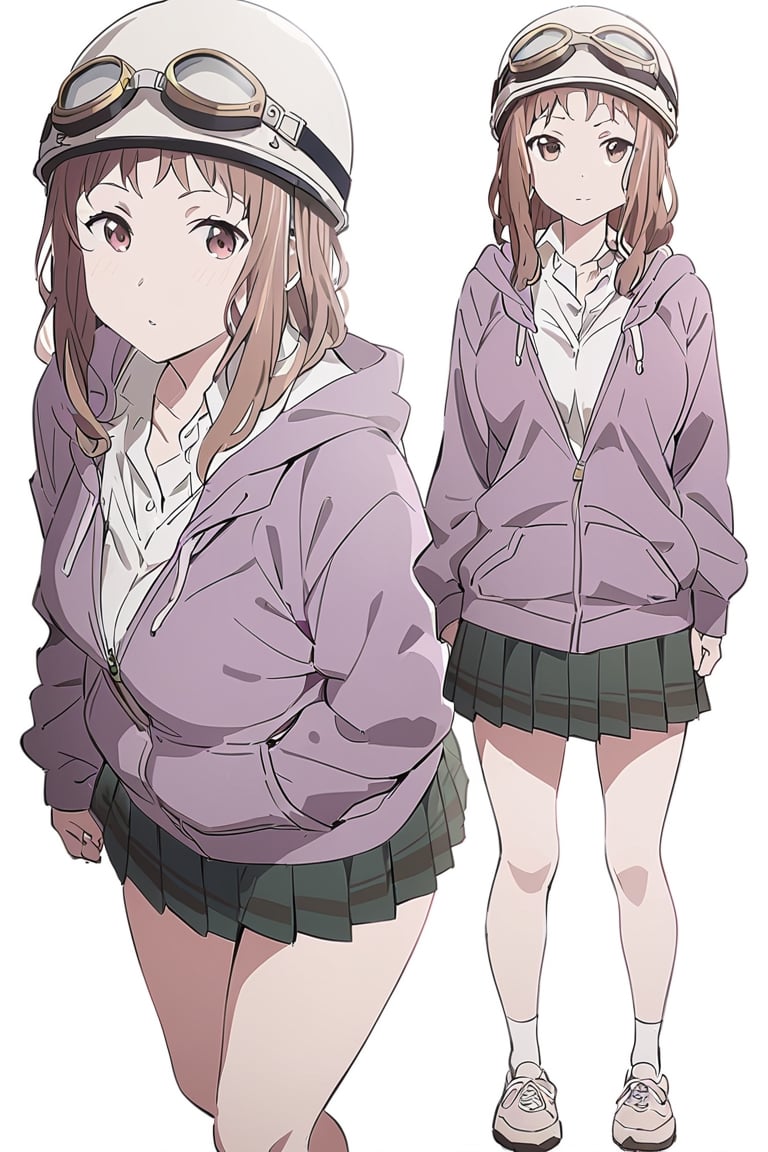 Visual Anime, Kodayu, masterpiece, best quality, @Komiya, Komiya_Ena, 1girl, solo, breasts, 2 y.o, brown hair, white collar, white shirt, Pastle Purple Jaket, hood, Green Skirt, white background, shoes, white sock, upper_body, clean background, long shoot, different view, different angle, white helmet, headware, goggles on helmet