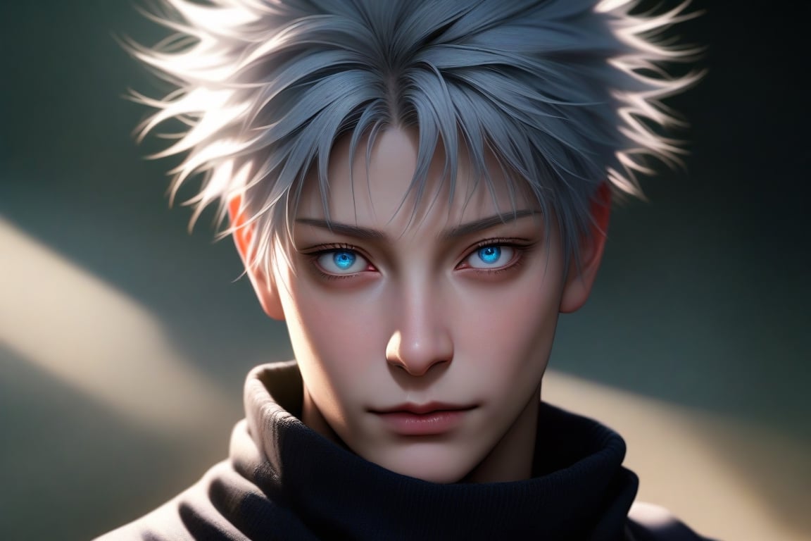 semi realistic anime, gojou satoru, \(jujutsu kaisen\), jujutsu kaisen, 3d, solo, looking at viewer, short hair, blue eyes, 1boy, grey hair, closed mouth, male focus, portrait, realistic, gojou satoru (jujutsu kaisen), masterpiece, best quality, (extremely detailed CG unity 8k wallpaper, masterpiece, best quality, ultra-detailed, best shadow), (detailed background), (beautiful detailed face, beautiful detailed eyes), High contrast, (best illumination, an extremely delicate and beautiful), realistic hair