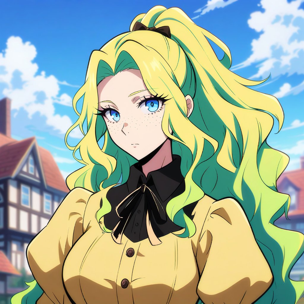 aged up, anime, anime style, niji6 style, by nijijourney, 1girl, solo, blue eyes, long ponytail, freckles, looking at viewer, green hair, yellow hair ribbon, outdoors, sky, upper body, puffy sleeves, cloud, dress, day, blue sky, yellow dress, closed mouth, blurry, blurry background, building, shirt, long sleeves, juliet sleeves, black ribbon, ribbon, breasts, hair intakes, expressionless, cloudy sky, black shirt, neck ribbon, house, alternate costume, wavy hair, eyelashes, collared shirt, collared dress, sidelocks, buttons, medium breasts, blonde hair, animification, anime coloring