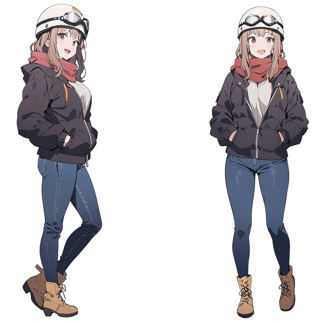 Visual Anime, masterpiece, best quality, @Komiya, Komiya_Ena, 1girl, solo, breasts, 20 y.o, brown hair, smile, open mouth, jacket, black Jaket, red scarf, jeans, white background, fullbody, standing, boots, clean background, long shoot, different view, different angle, white helmet, googles on headware,