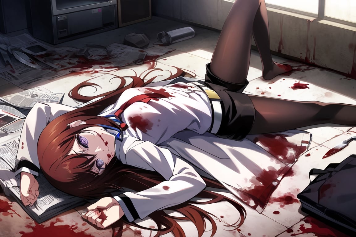 dark atmosphere, Visual Illustration, 1girl, solo, long hair, purple eyes, dark red hair, pantyhose, necktie, shorts, belt, black shorts, labcoat, legwear under shorts, makise kurisu, official art, game cg, steins;gate, highres, absurdres, ringed eyes, lying, newspaper, blood, death, blood stain, blood splatter, blood on clothes, corpse, knife in stomatch, blood from mouth