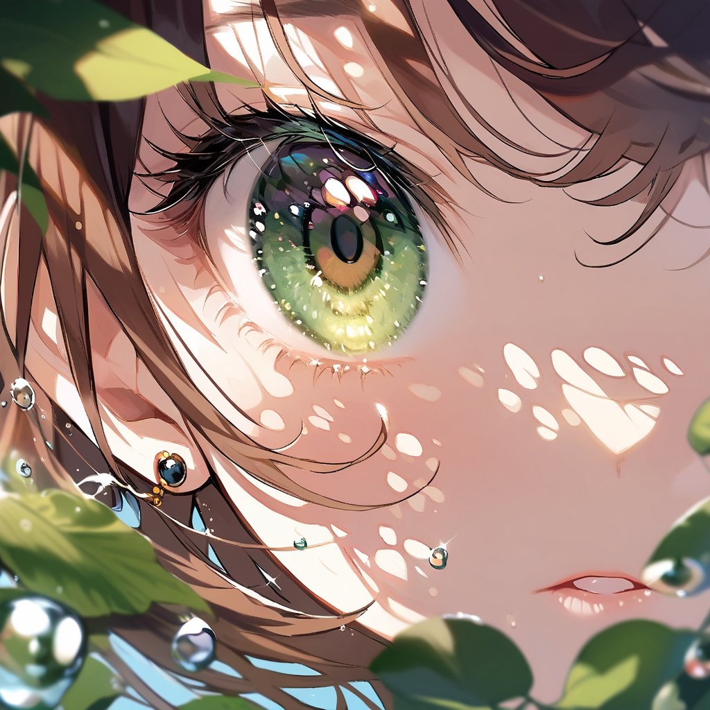 Visual Illustration, 1girl, solo, looking at viewer, bangs, brown hair, jewelry, green eyes, earrings, blurry, eyelashes, leaf, close-up, blurry foreground, water drop, dappled sunlight, eye focus