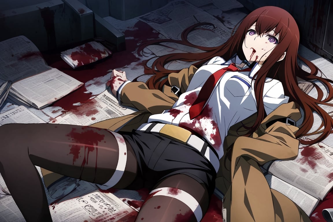 dark atmosphere, Visual Illustration, 1girl, solo, long hair, purple eyes, dark red hair, pantyhose, necktie, shorts, belt, black shorts, labcoat, legwear under shorts, makise kurisu, official art, game cg, steins;gate, highres, absurdres, ringed eyes, lying, newspaper, blood, death, blood stain, blood splatter, blood on clothes, corpse, knife in stomatch, blood from mouth