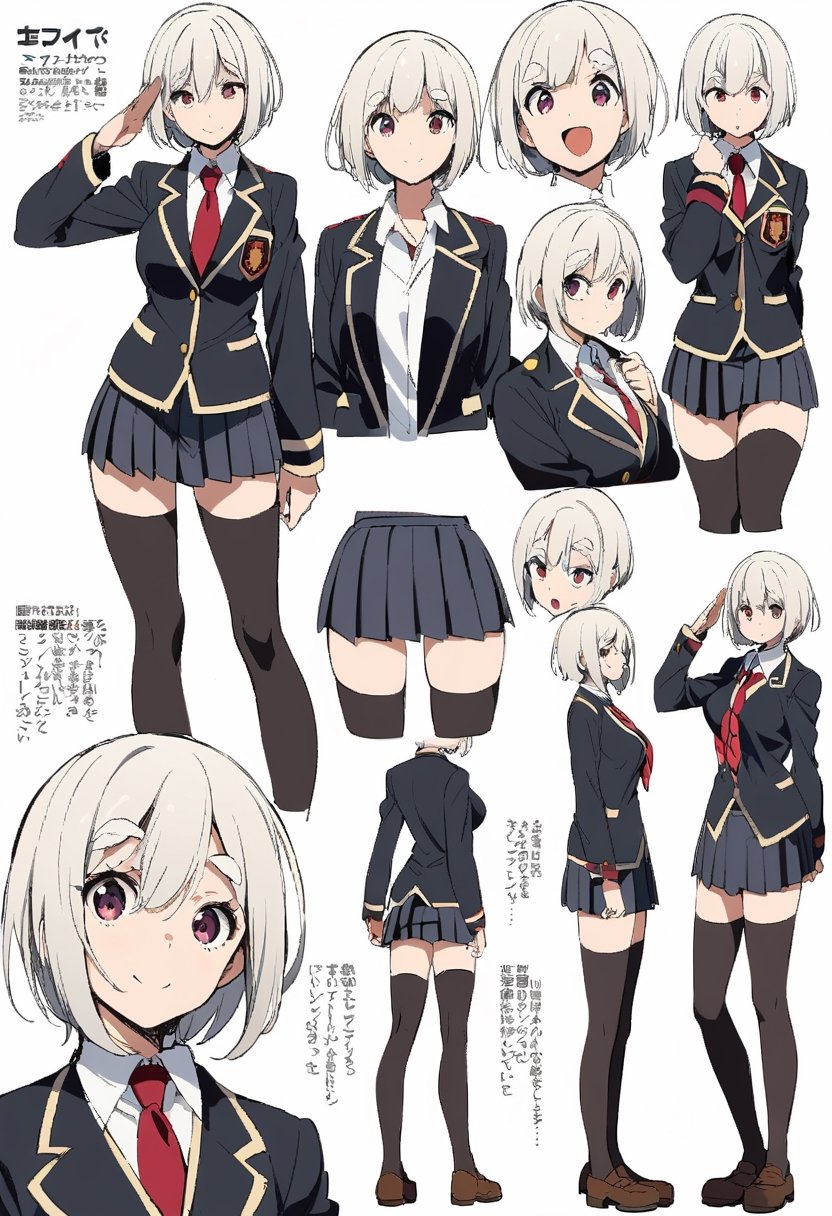 Visual Illustration, 1girl, looking at viewer, smile, open mouth, skirt, simple background, shirt, white hair, short hair, large breasts, Androgyny, thighhighs, white background, school uniform, necktie, shoes, jacket, multiple views, thick eyebrows, salute, reference sheet