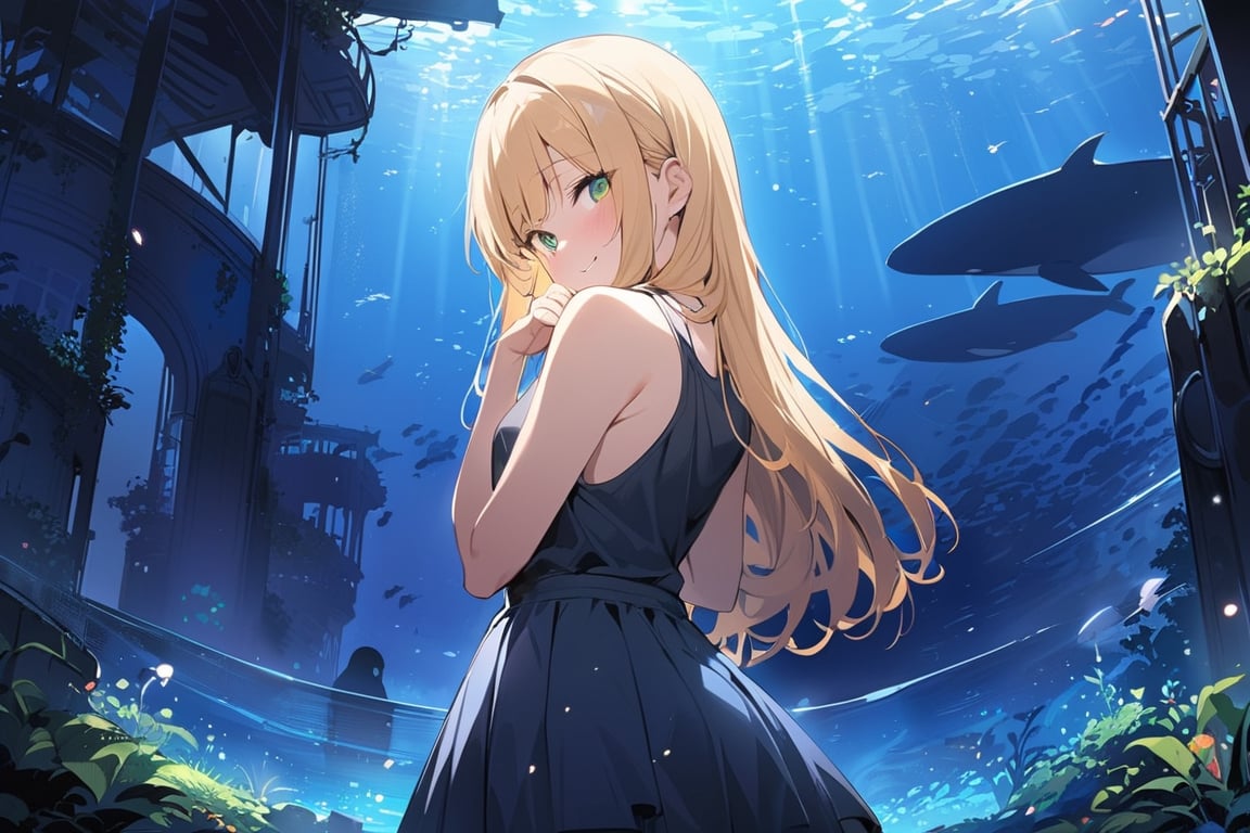 Visual Anime, masterpiece,  best quality, 1girl, solo, long hair, yellow hair, green eyes, tank top, skirt, from behind, scenery, fish, blue theme, light rays, silhouette, whale, dark blue theme, fog, dew,  looking back, smile_with_eyes_open, looking at viewer, hands covering mouth, blushing,