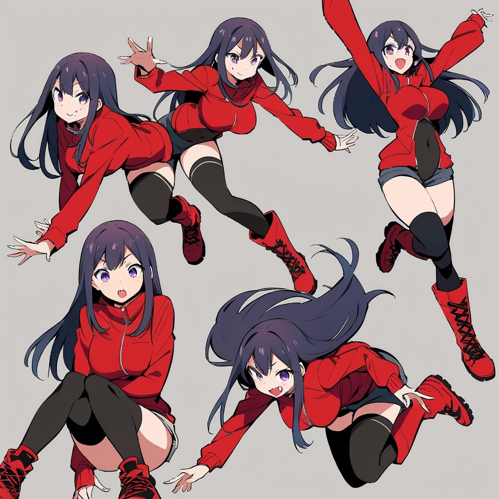 Visual Illustration, 1girl, long hair, large breasts, smile, open mouth, purple eyes, pants, dark blue hair, simple background, thighhighs, long sleeves, jacket, boots, cute_fang, grey background, covered navel, multiple views, sneakers, red footwear, dynamic pose
