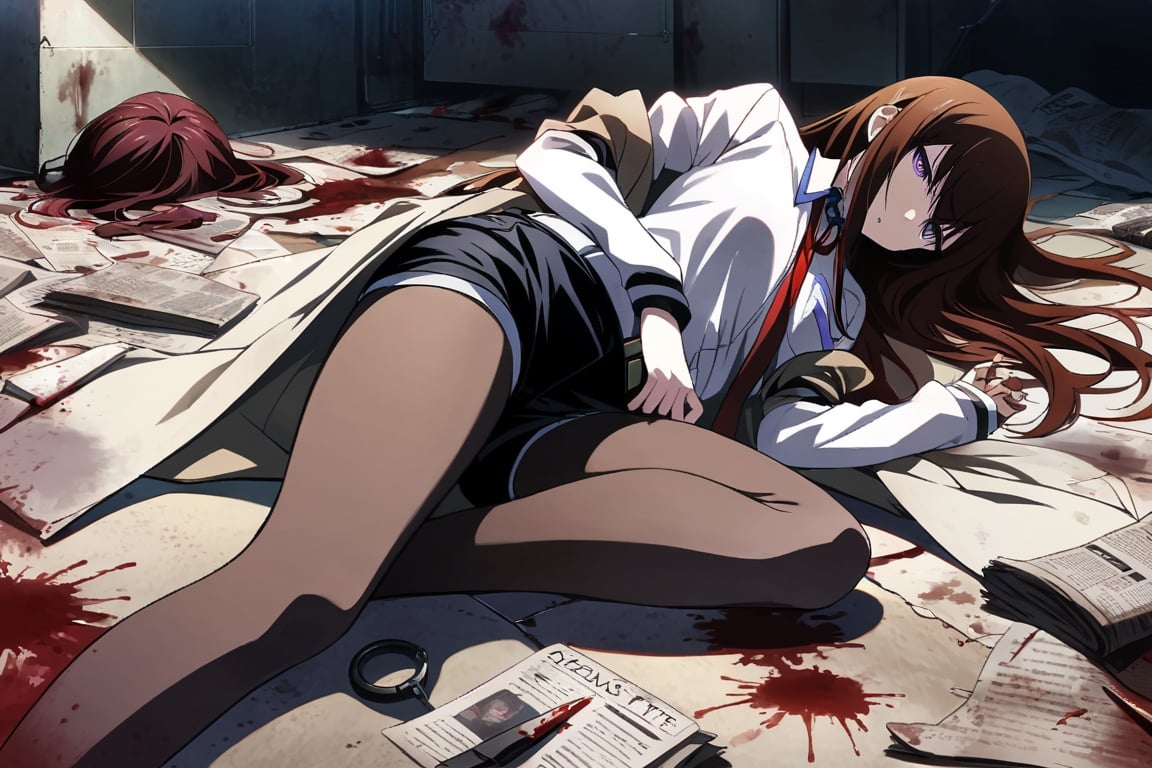 dark atmosphere, Visual Illustration, 1girl, solo, long hair, purple eyes, dark red hair, pantyhose, necktie, shorts, belt, black shorts, labcoat, legwear under shorts, makise kurisu, official art, game cg, steins;gate, highres, absurdres, ringed eyes, lying, newspaper, blood, death, blood stain, blood splatter, blood on ground, corpse, knife in stomatch