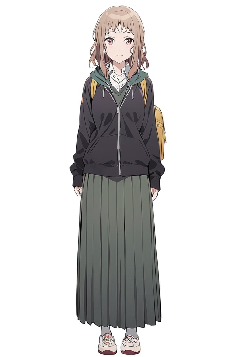 Visual Anime, masterpiece, best quality, @Komiya, Komiya_Ena, 1girl, solo, breasts, 20 y.o, brown hair, smile, closed mouth, white collar shirt, V Neck Sleeveless Sweater , Black Jaket, Green Hoodie, (Long Skirt), knee length skirt, backpack, white background, fullbody, standing, shoes, white sock, clean background, long shoot, hal sleeve