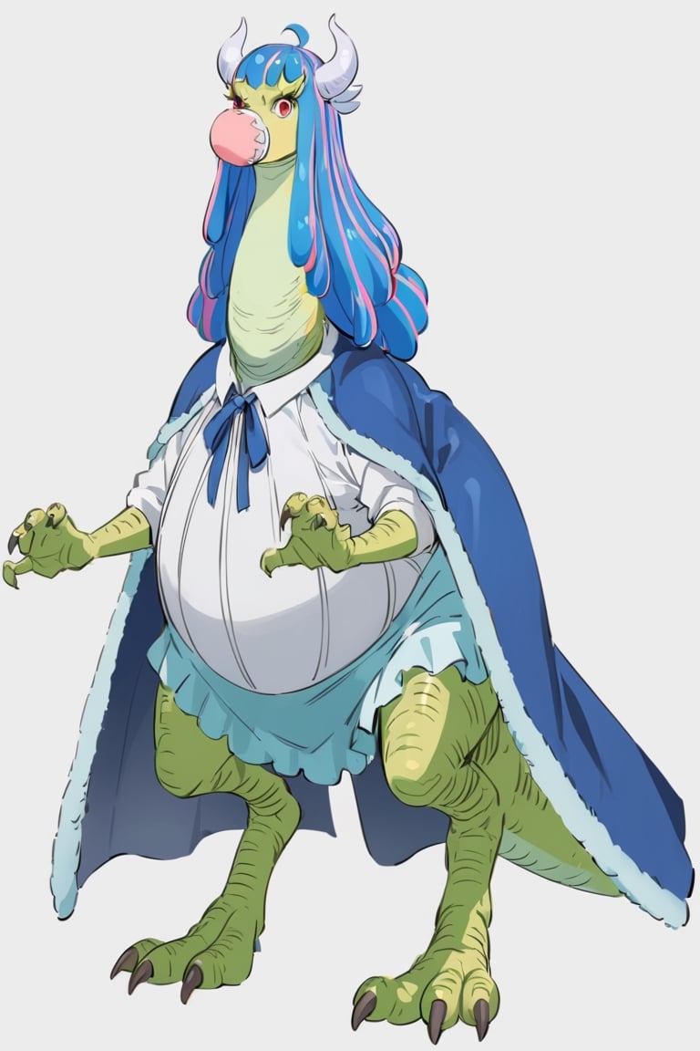 Visual Anime, masterpiece, best quality, Pachycephalosaurus, ulti turn into dino full form, solo, long hair, simple background, blue ribbon, aqua skirt, blue hair, blue cape, standing, full body, multicolored hair, horns, grey background, no humans, nice render