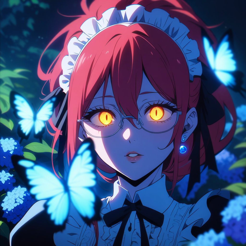 anime, anime style, niji6 style, by nijijourney, 1girl, bug, solo, butterfly, maid, blue butterfly, maid headdress, red hair, ponytail, jewelry, earrings, glasses, looking at viewer, yellow eyes, slit pupils ,parted lips, long hair, flower, ribbon, apron, black ribbon, glowing, upper body, breasts, blurry, maid apron, red dress, dress, stud earrings, frills, sidelocks, hair between eyes, glowing eyes, blue theme, blue flower, hair ribbon, neck ribbon, bow, night, blurry background, portrait, red eyelashes, hair bow, outdoors, black bow, letterboxed, teeth, hydrangea, medium breasts, large breasts, depth of field, aqua eyes, puffy sleeves, collared dress, (very glowing butterfly), moon light, colored skin, lips, shaded, light particle, blue theme, night, masterpiece, best quality, highres, 4k, 8k, intricate detail, cinematic lighting, amazing quality, amazing shading, film grain, blurry foreground, vignetting chiaroscuro, chromatic aberration, backlighting, mature female, global illumination, drop shadow, detailed illustration, anime style, wallpaper, animification, anime coloring, fake screenshot, screencap, anime screencap