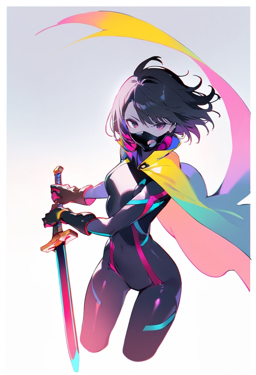 Visual Illustration, 1girl, solo, short hair, simple background, black hair, gloves, white background, holding, weapon, sword, cape, holding weapon, bodysuit, mask, holding sword, mouth mask, cropped legs, white background, light, masterpiece, border, chromatic aberration, simple background, long shot, shading, pastel color, pale skin