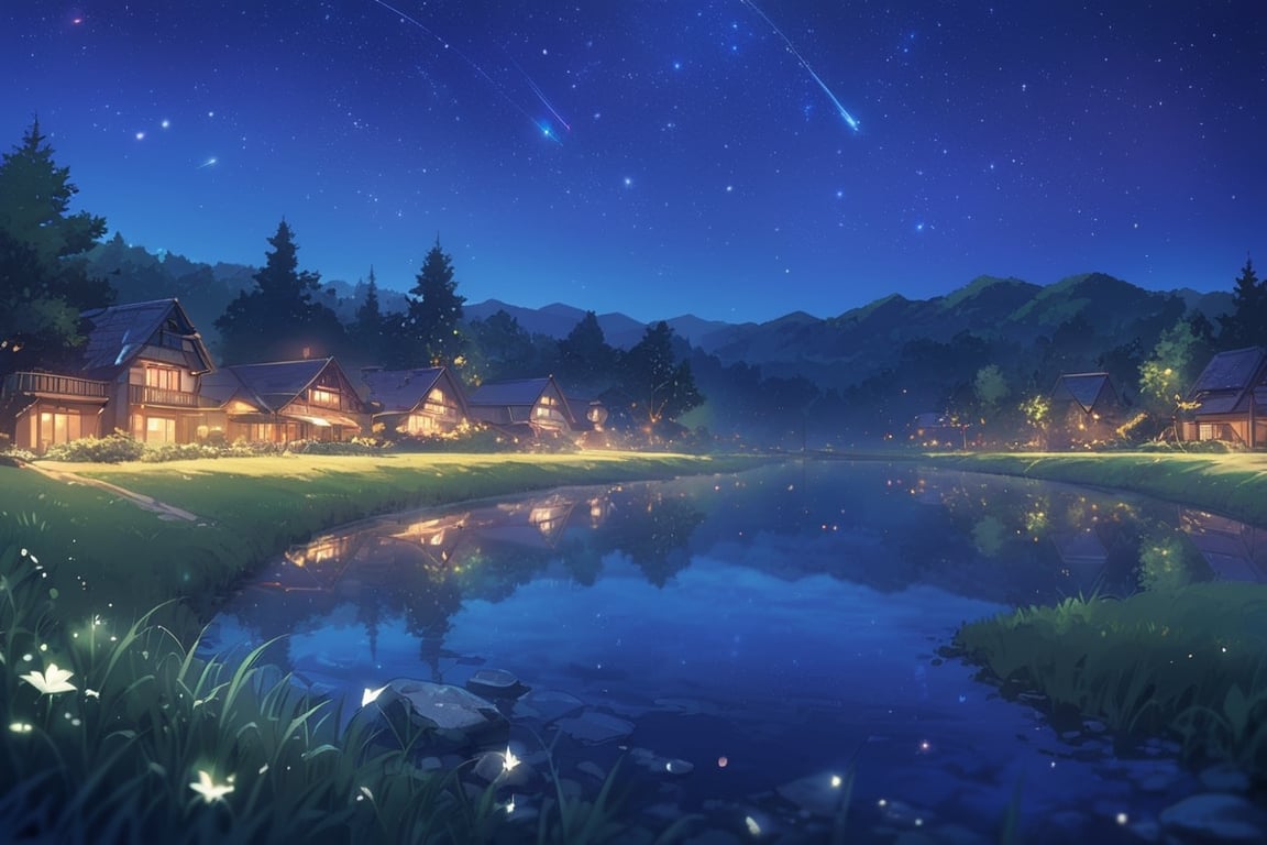 Visual Anime,  masterpiece,  best quality, outdoors, sky, water, tree, no humans, night, grass, building, star (sky), night sky, scenery, starry sky, shooting star