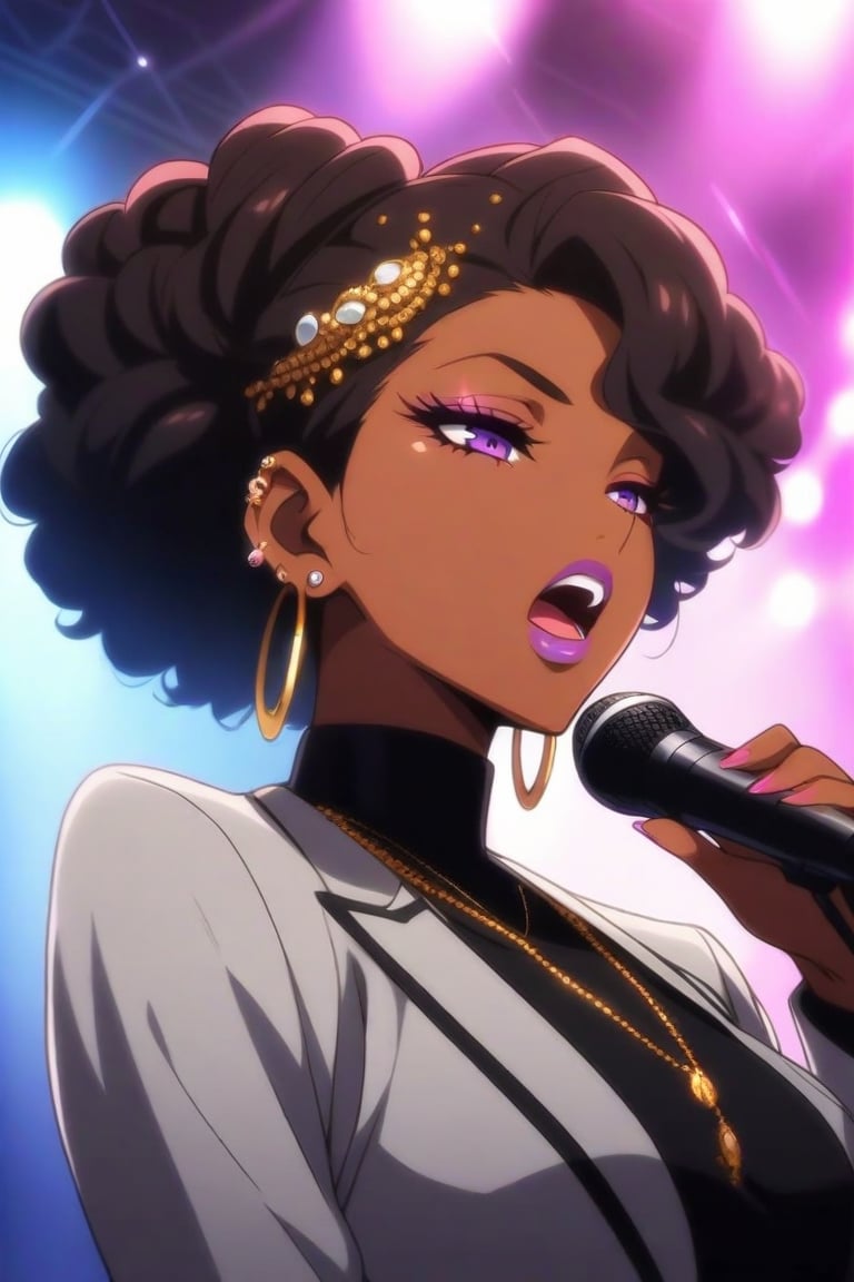 negroid, africa, dark skin anime character, negroid, africa, dark skin anime character, 1girl, jewelry, microphone, earrings, dark skin, solo, dark-skinned female, very dark skin, singing, necklace, music, open mouth, purple eyes, brown hair, dreadlocks, piercing, half-closed eyes, turtleneck, looking down, ear piercing, hoop earrings, short hair, black hair, hair behind ear, black shirt, animification, lips, upper body, updo, hair bun, hair ornament, shirt, white jacket, microphone stand, alternate hairstyle, breasts, makeup, hair up, eyelashes, stud earrings, holding microphone, curly hair, lipstick, white pants, thigh, anime coloring