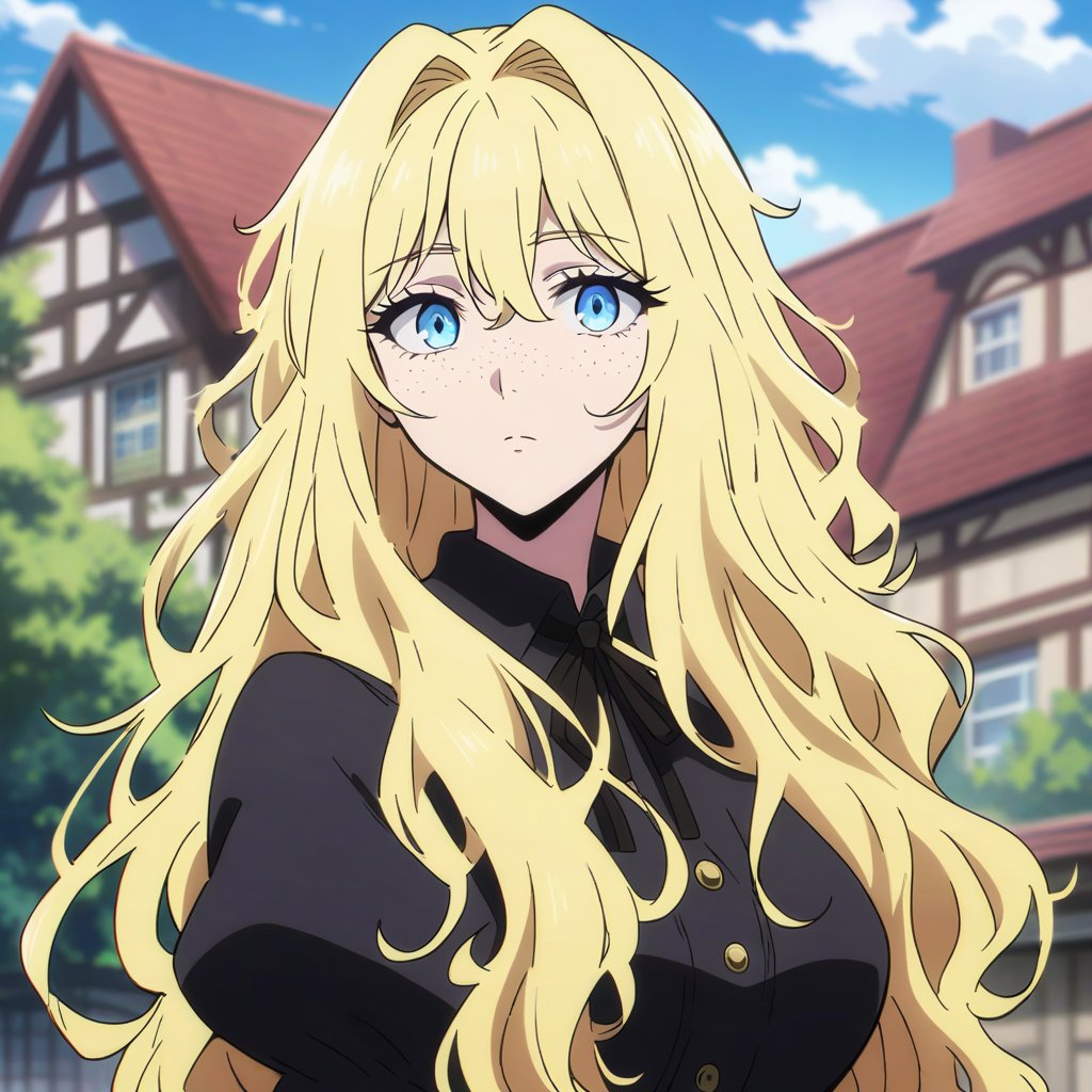 aged up, anime, anime style, niji6 style, by nijijourney, 1girl, solo, blue eyes, long hair, long_ponytail, freckles, looking at viewer, green hair, yellow hair ribbon, outdoors, sky, upper body, puffy sleeves, cloud, dress, day, blue sky, yellow dress, closed mouth, blurry, blurry background, building, shirt, long sleeves, juliet sleeves, black ribbon, ribbon, breasts, hair intakes, expressionless, cloudy sky, hair down, alternate hairstyle, black shirt, neck ribbon, house, alternate costume, wavy hair, eyelashes, collared shirt, collared dress, messy hair, sidelocks, buttons, medium breasts, blonde hair, animification, anime coloring, fake screenshot, screencap, anime screencap