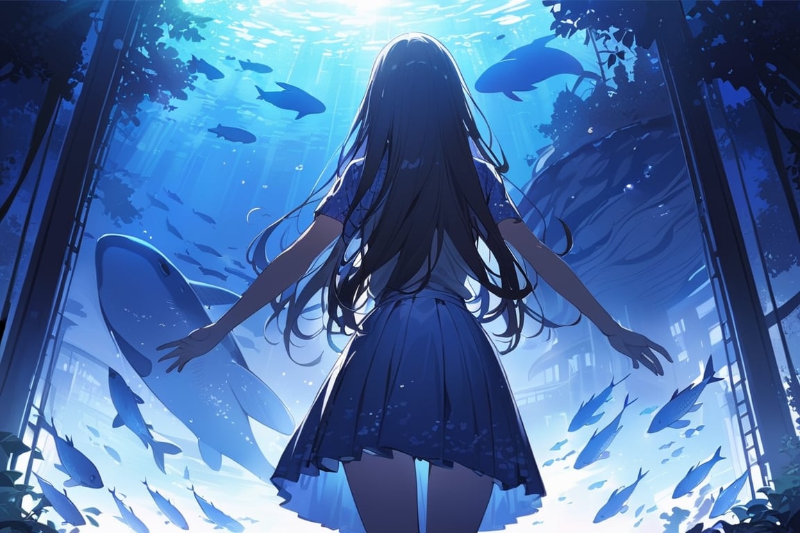 Visual Anime, masterpiece,  best quality, 1girl, solo, long hair, skirt, from behind, sunlight, outstretched arms, scenery, fish, blue theme, light rays, silhouette, whale, dark blue theme, fog, dew,