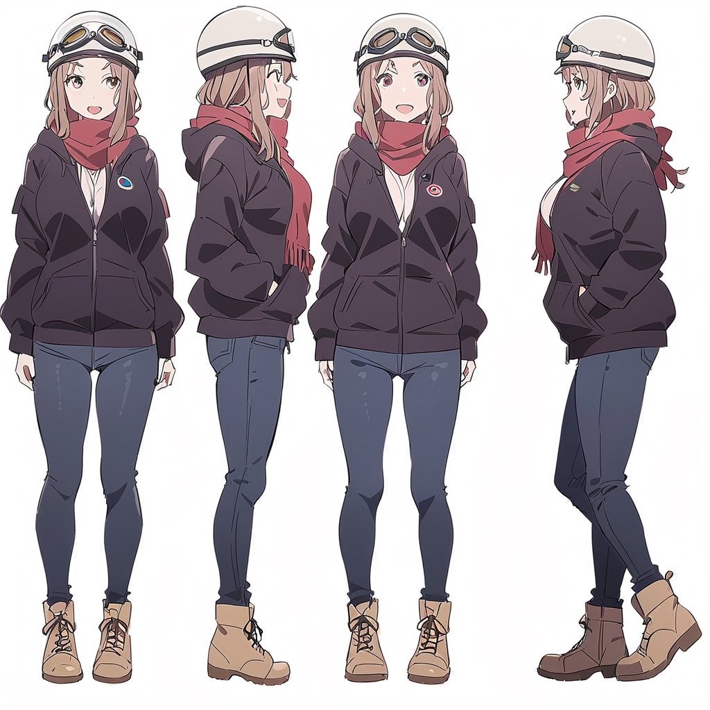 Visual Anime, Kodayu, masterpiece, best quality, @Komiya, Komiya_Ena, 1girl, solo, breasts, 2 y.o, brown hair, smile, open mouth, black Jaket, red scarf, jeans, white background, fullbody, standing, boots, clean background, long shoot, different view, different angle, white helmet, headware, goggles on helmet