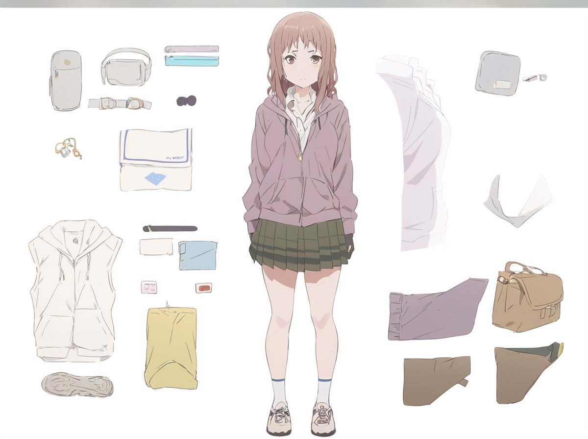Visual Anime, masterpiece, best quality, @Komiya, Komiya_Ena, 1girl, solo, breasts, 19 y.o, brown hair, white shirt, collar, Pastle Purple Jaket, hood, Green_Skirt, gloves, elbow glove, collarbone, white background, shoes, white sock, fullbody, standing, clean background, long shoot, optimal arrange, school_uniform, reference sheet, 3 fullbody, from the front, from side, from behind