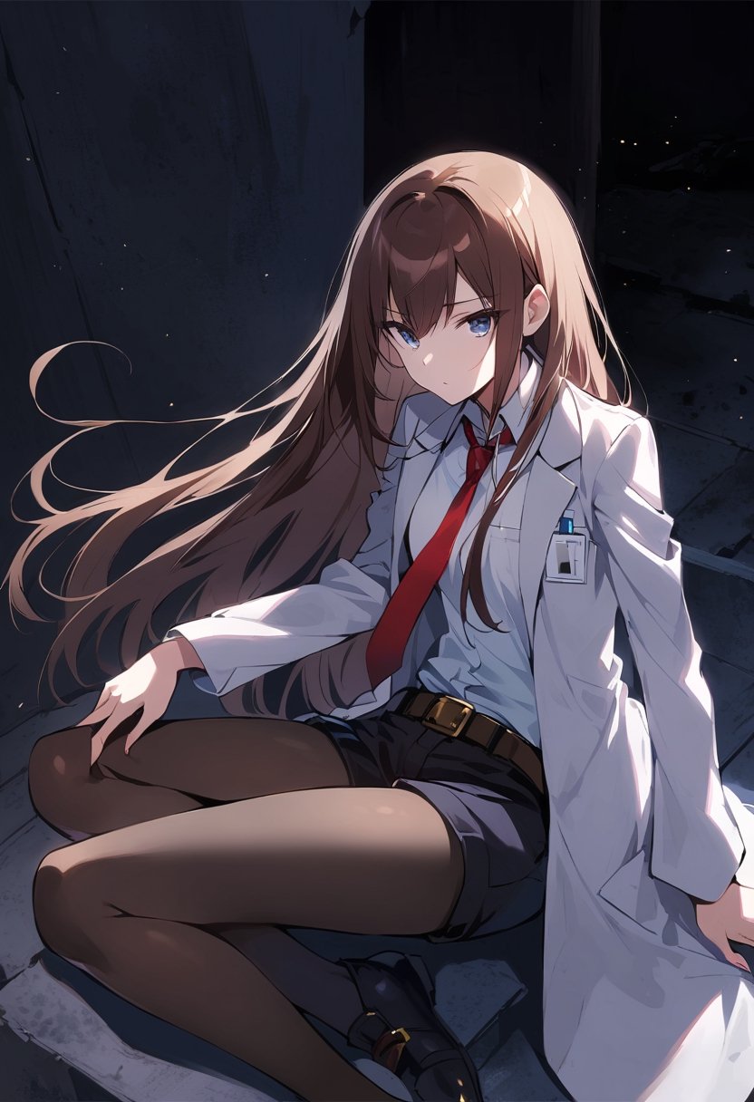 dark atmosphere, Visual Illustration, 1girl, solo, long hair, blue eyes, brown hair, pantyhose, necktie, shorts, belt, black shorts, labcoat, legwear under shorts, makise kurisu