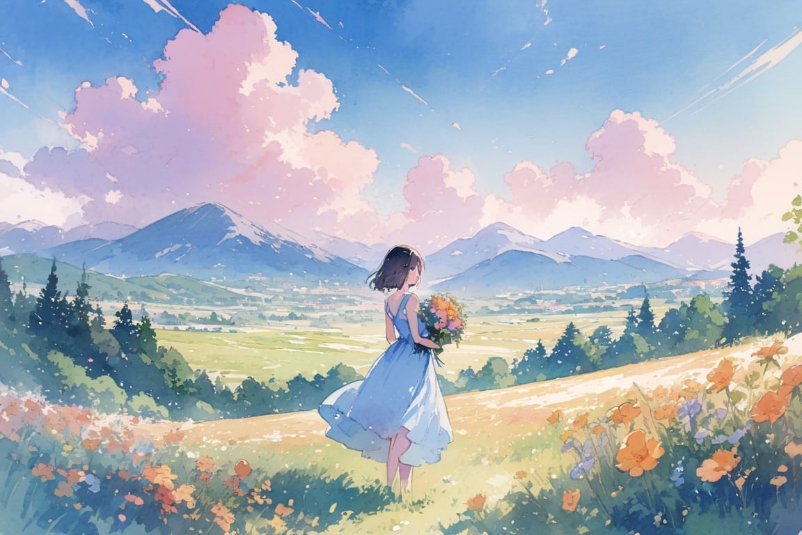 Visual Illustration, 1girl, solo, black hair, dress, holding, standing, flower, outdoors, sky, day, cloud, blue dress, cloudy sky, grass, scenery, bouquet, mountain, field, mountainous horizon, watercolor