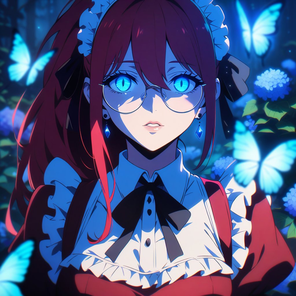 anime, anime style, niji6 style, by nijijourney, 1girl, bug, solo, butterfly, maid, blue butterfly, maid headdress, red hair, ponytail, jewelry, earrings, glasses, looking at viewer, yellow eyes, slit pupils ,parted lips, long hair, flower, ribbon, apron, black ribbon, glowing, upper body, breasts, blurry, maid apron, red dress, dress, stud earrings, frills, sidelocks, hair between eyes, glowing eyes, blue theme, blue flower, hair ribbon, neck ribbon, bow, night, blurry background, portrait, red eyelashes, hair bow, outdoors, black bow, letterboxed, teeth, hydrangea, medium breasts, large breasts, depth of field, aqua eyes, puffy sleeves, collared dress, (very glowing butterfly), moon light, colored skin, lips, shaded, light particle, blue theme, night, masterpiece, best quality, highres, 4k, 8k, intricate detail, cinematic lighting, amazing quality, amazing shading, film grain, blurry foreground, vignetting chiaroscuro, chromatic aberration, backlighting, mature female, global illumination, drop shadow, detailed illustration, anime style, wallpaper, animification, anime coloring, fake screenshot, screencap, anime screencap