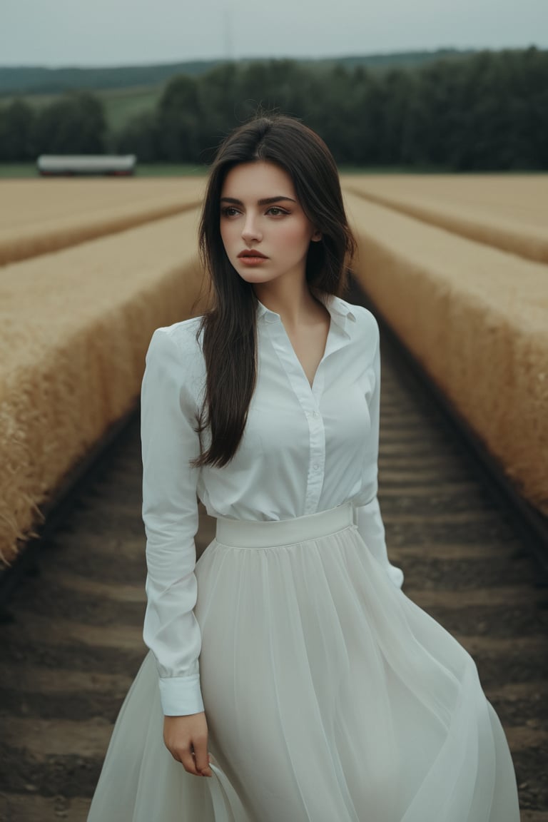 a girl,style of Alessio Albi , train , 20 year old , farm